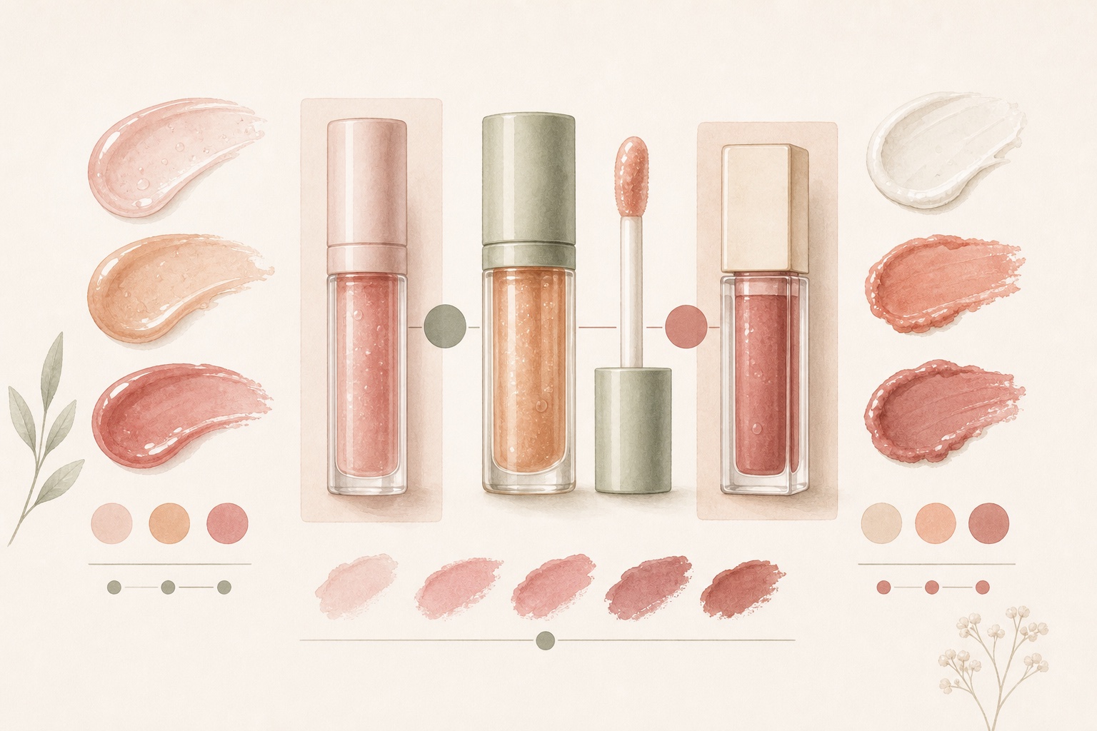 Generic lip oils and glossy finish swatches.